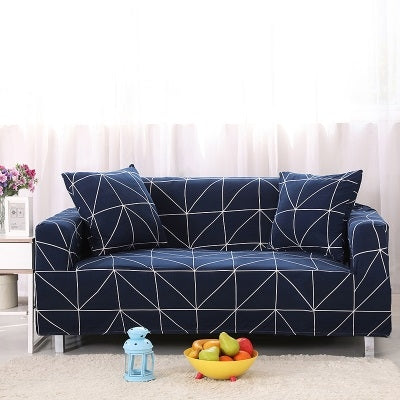 Housse de canapé élastique + 1 taie d'oreiller, Lines B067, Bleu Marine / Blanc