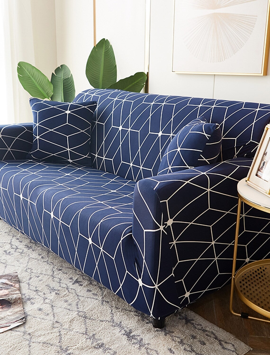 Housse de canapé élastique + 1 taie d'oreiller, Moonlight B203, Bleu / Blanc