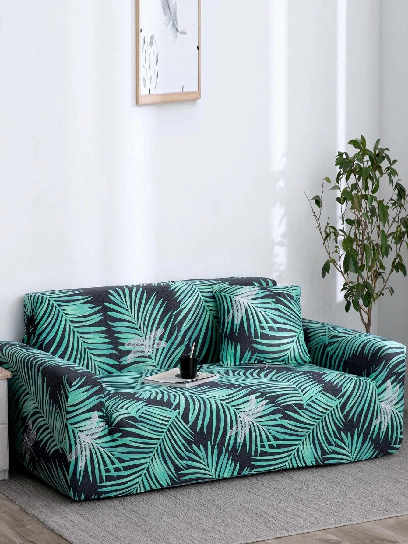 Housse de canapé élastique + 1 taie d'oreiller, Tropical A062, Vert