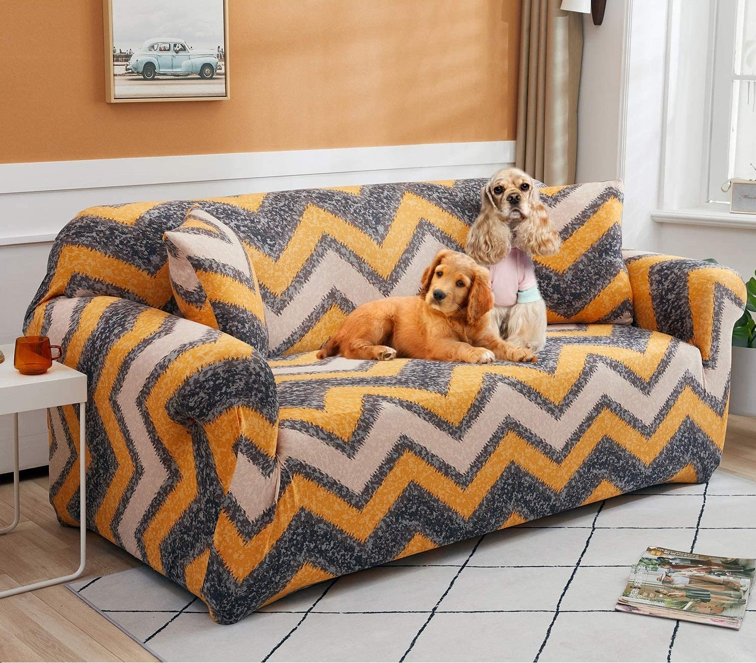 Housse de canapé élastique + 1 taie d'oreiller, Zig Zag A001, Gris / Orange