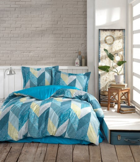 Linge de lit en coton Ranforce, Bleu Anatolie / Blanc, 200 x 220 cm