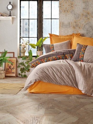 Linge de lit en coton Ranforce, Folk Art Orange / Marron, 200 x 220 cm