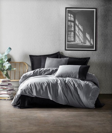 Linge de lit en coton Ranforce, Uni 692 Gris / Noir, 200 x 220 cm
