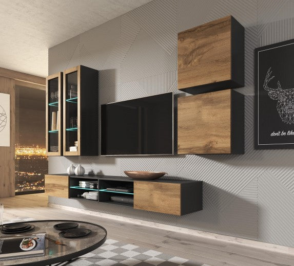 Meuble TV suspendu en aggloméré et MDF, avec 2 portes Livo RTV-180W Chêne Wotan / Anthracite, l180xA40xH30 cm