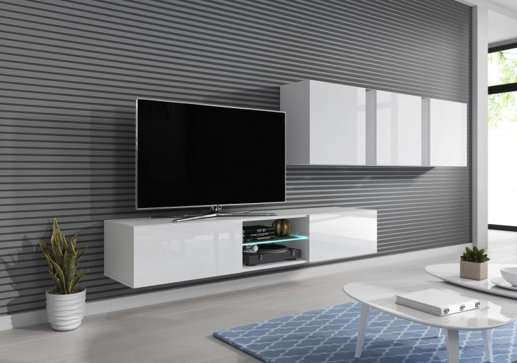 Meuble TV suspendu en aggloméré et MDF, avec 2 portes Livo RTV-180W Blanc, l180xA40xH30 cm