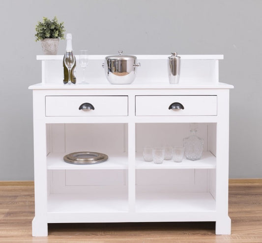 Table de bar avec 2 tiroirs, bois de sapin, Pasy PS577, blanc peint P004, L120XL51XH107 cm