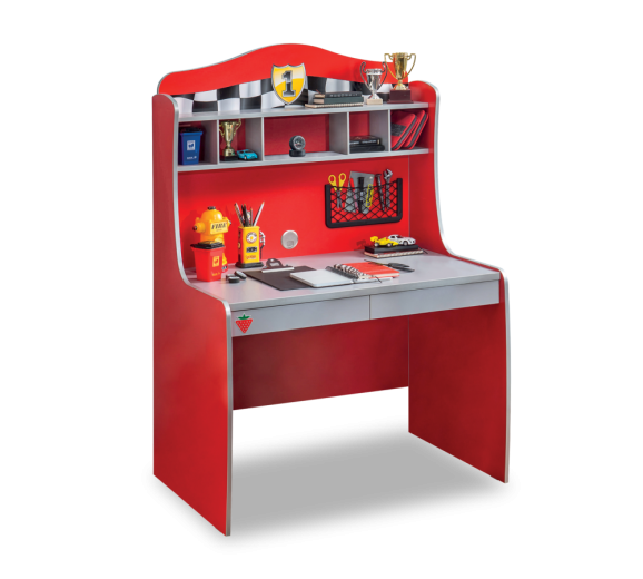 Table de bureau en bois avec étagère et 2 tiroirs, pour enfants Race Cup Rouge, L104xl68xH152 cm