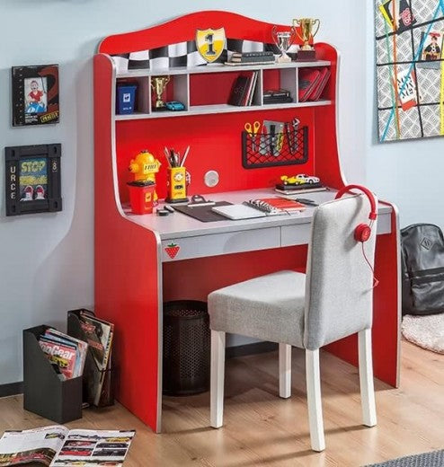 Table de bureau en bois avec étagère et 2 tiroirs, pour enfants Race Cup Rouge, L104xl68xH152 cm