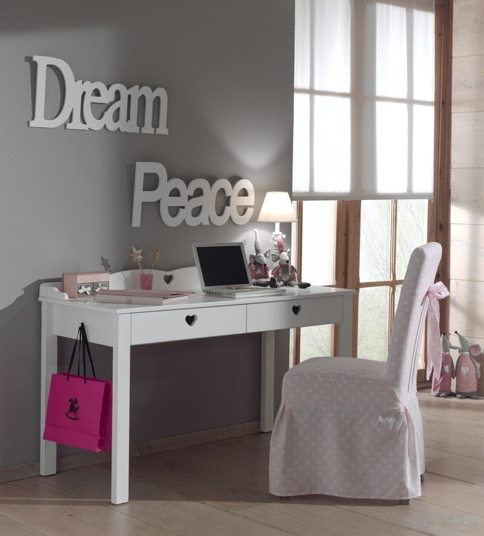 Table de bureau en bois épingle et MDF avec 2 tiroirs, pour les enfants blancs amoureuses, L130xl6xh84.5 cm