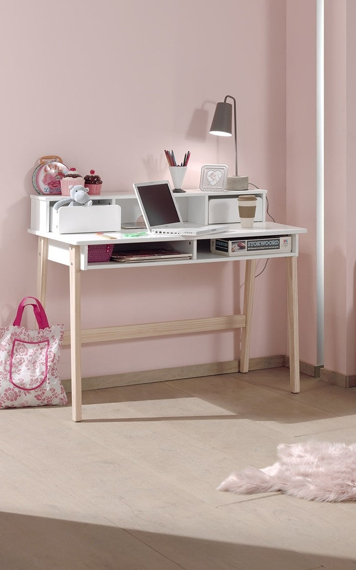 Table de bureau en bois en pin et MDF avec 2 tiroirs, pour enfants Kiddy White, L110xl6x90 cm