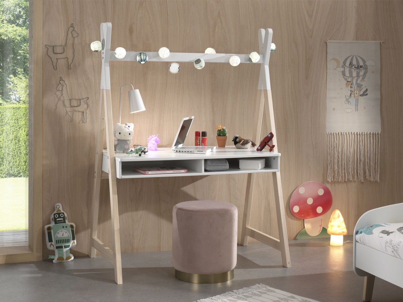 Table de bureau en bois épingle et mdf, pour enfants types kiddy blancs / naturels, l116xl74.8xh159.6 cm