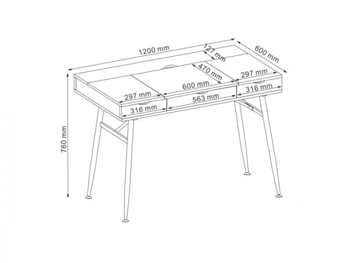 Table de bureau palette et métal, avec 3 tiroirs B-151 Chêne / Blanc, L120xl60xH76 cm