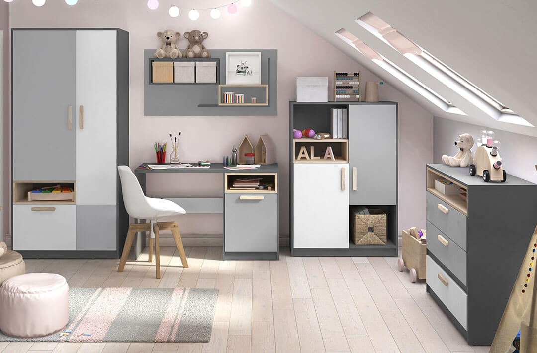 Table de bureau en bois, avec 1 tiroir, pour enfants et adolescents Pok 09, Gris/Blanc/Graphite, L120x50xH75 cm