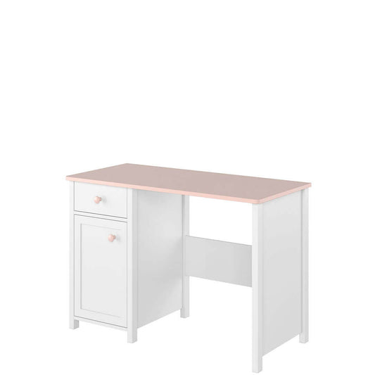 Table de bureau en bois, avec 1 tiroir et 1 porte, pour enfants et jeunes, Luna 03, Blanc/Rose, L110x52xH76 cm
