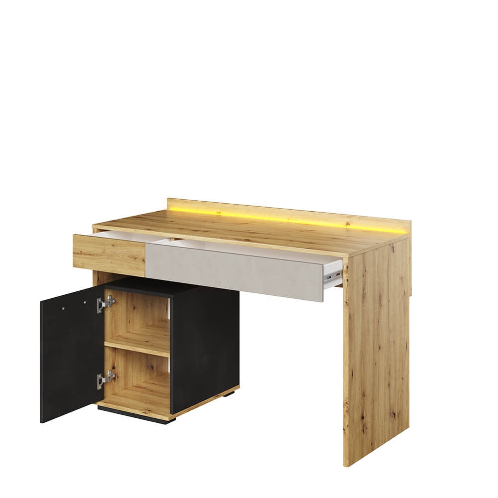 Table de bureau pâle, avec 1 porte, 2 tiroirs et LED incluses, pour enfants et jeunes, Qubic 08, Artisan Chêne/Noir/Gris, L120x53xH82 cm