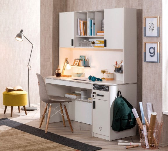 Table de bureau en palette, avec 3 tiroirs et 1 porte pour les jeunes Blanc Large, L138xl58xH75 cm