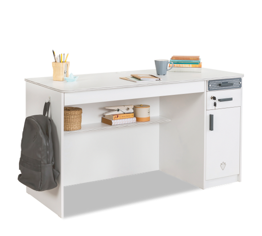 Table de bureau en palette, avec 3 tiroirs et 1 porte pour les jeunes Blanc Large, L138xl58xH75 cm