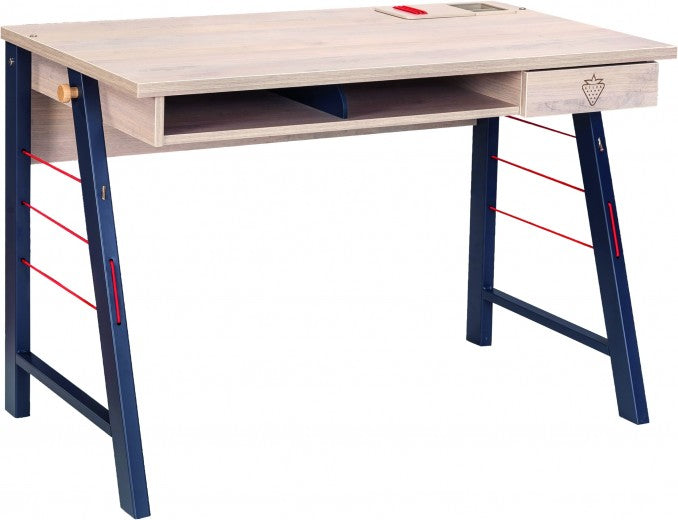 Table de bureau palette et métal pour jeunes, garçons 12-24 ans, Trio Natur / Bleu, l114xA64xH76 cm