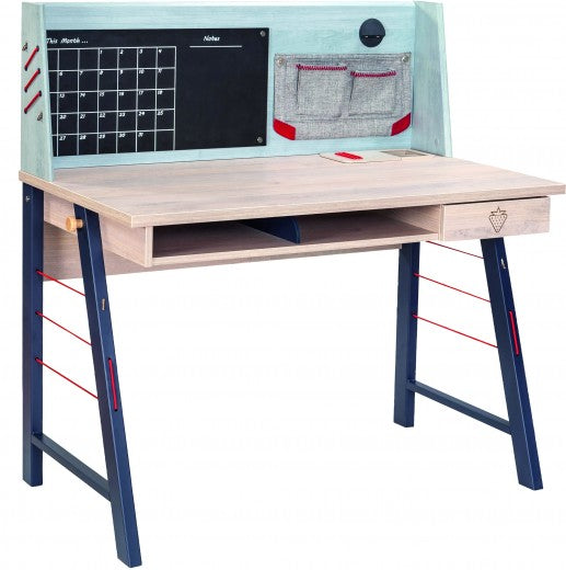 Table de bureau palette et métal pour jeunes, garçons 12-24 ans, Trio Natur / Bleu, l114xA64xH76 cm