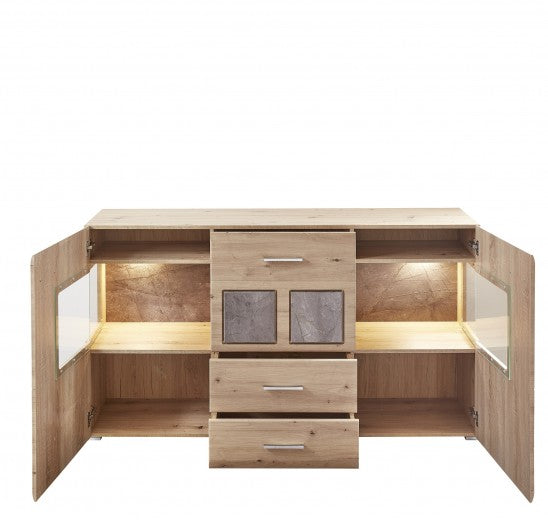 Commode en bois et MDF, avec 3 tiroirs et 2 portes Skylar Stejar, l170xA42xH94 cm