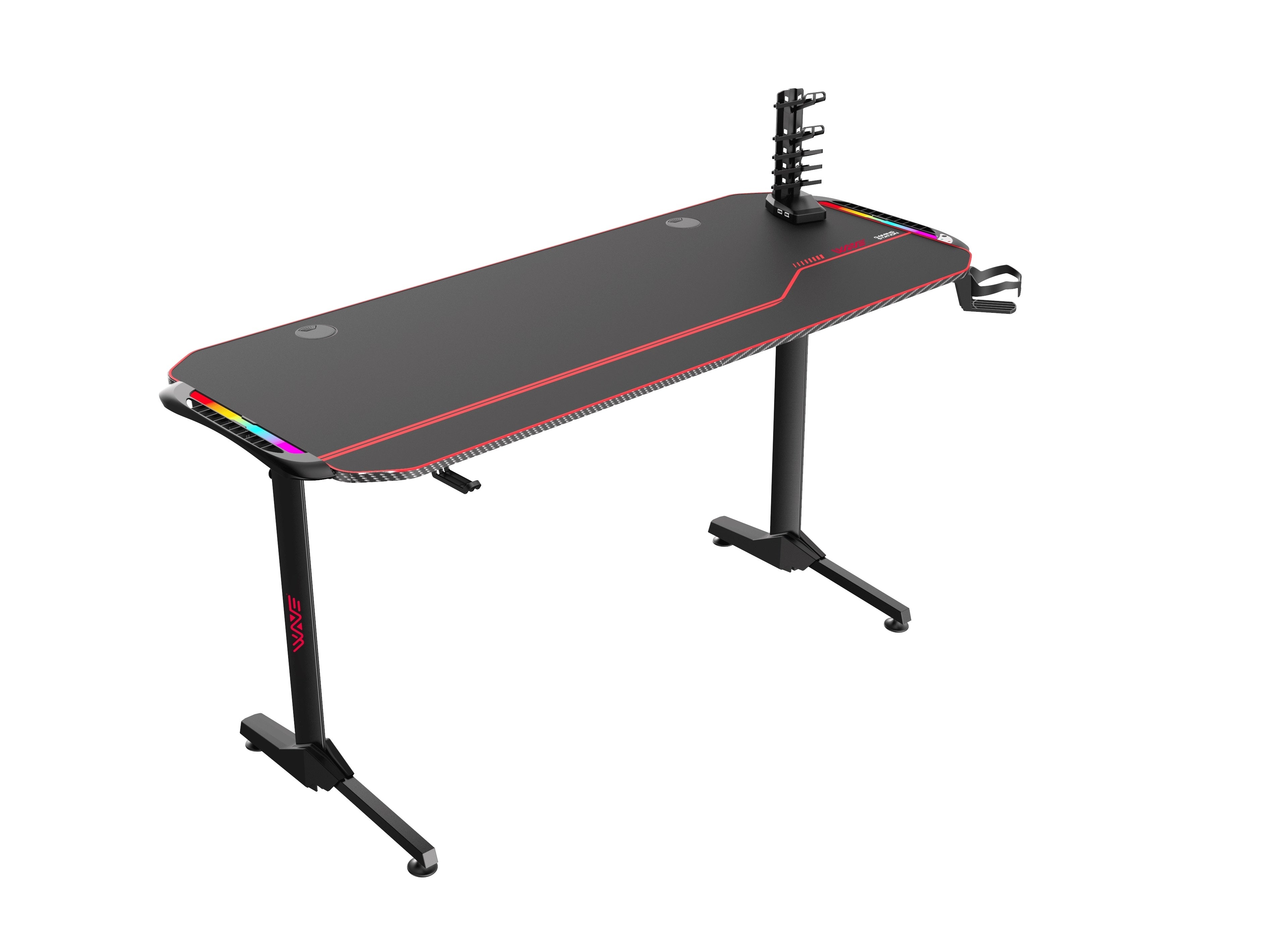 Table de jeu Wave en bois clair, fibre de carbone et métal, Noir, L140x60xH75 cm + Support casque + Porte-gobelet + Support téléphone + Support manette USB + Support rangement câble + Lumières LED RGB + Tapis de souris