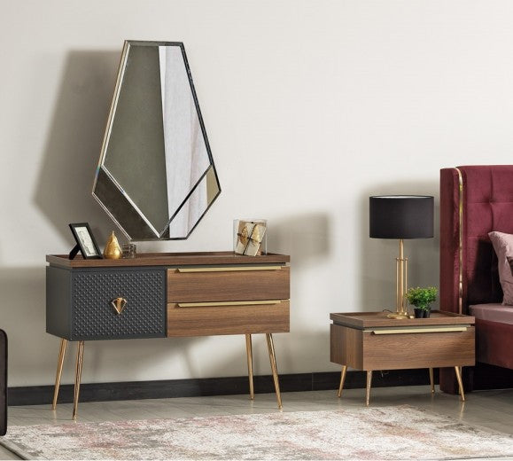 Table de maquillage en châtaignier avec 3 tiroirs Pietro Noyer / Anthracite / Or, L120xl46xH82 cm