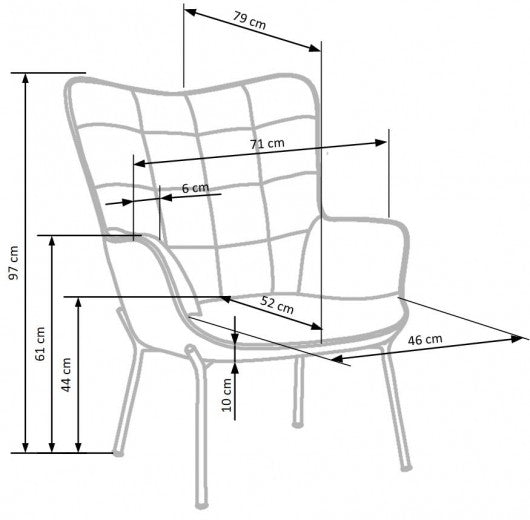 Fauteuil fixe tapissé de tissu, avec pieds en métal Castle 2 Rose clair / Or, l71xA79xH97 cm