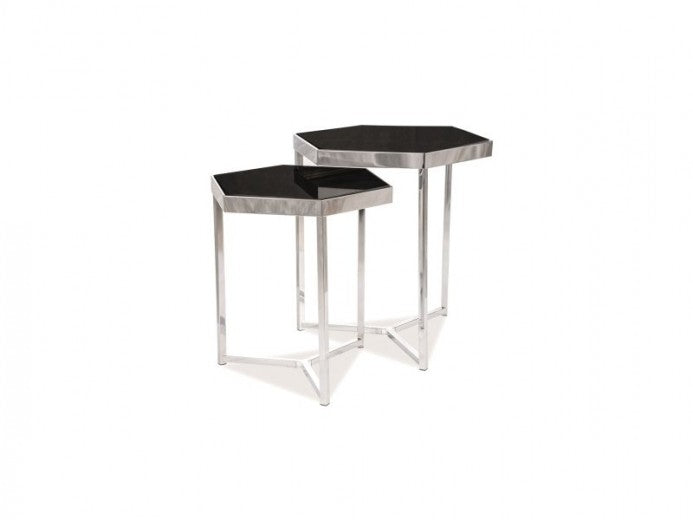 Set de 2 tables basses en verre et métal Milos, Noir / Chrome, L48xl42xH50 cm / L41xl36xH44 cm
