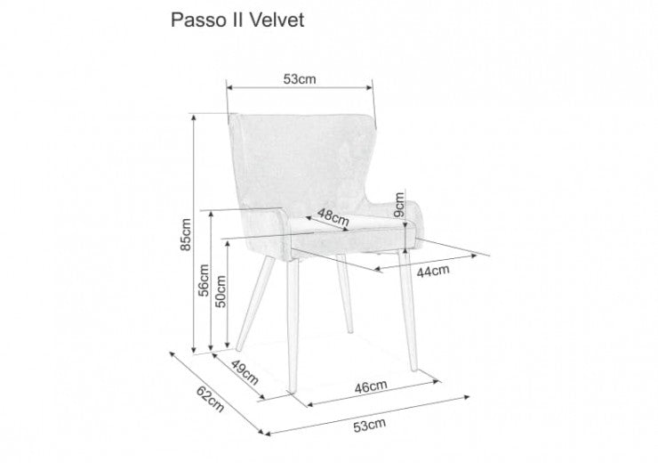 Chaise rembourrée avec tissu et pieds en métal Passo II Velours Gris / Noir, l53xA62xH85 cm