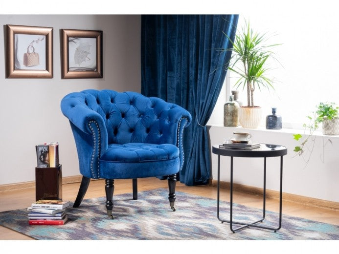 Fauteuil fixe tapissé de tissu et pieds en bois Philips Velvet, Bleu foncé, l87xA78xH83 cm