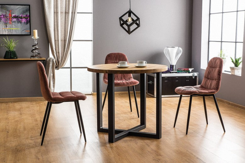 Table en métal et bois de chêne, Rolf, Noir / Chêne naturel, Ø90xh78 cm