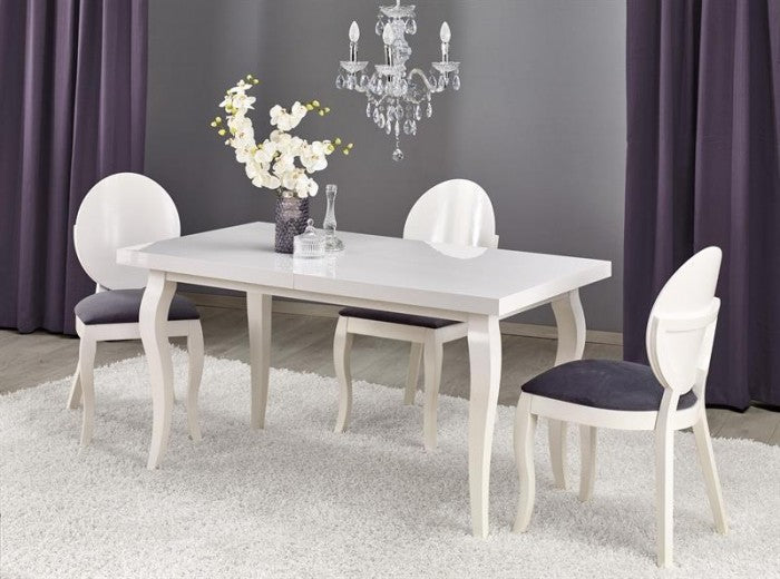 Table à rallonges en bois de hêtre et MDF Mozart Blanc + 4 chaises tapissées de tissu Verdi Blanc / Gris, L140-180xl80xH75 cm