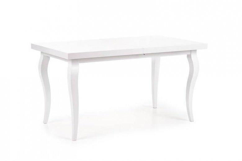 Table à rallonges en bois de hêtre et MDF Mozart Blanc + 4 chaises tapissées de tissu Verdi Blanc / Gris, L140-180xl80xH75 cm