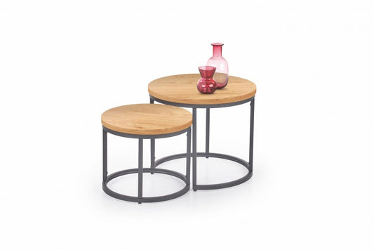 Set de 2 tables basses en MDF et métal Chêne Oreo / Noir, Ø53xH45 / Ø43xH35 cm