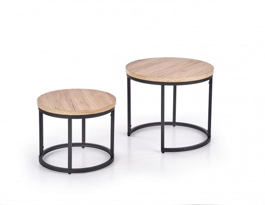 Set de 2 tables basses en MDF et métal Oreo Chêne San Remo / Noir, Ø53xH45 / Ø43xH35 cm