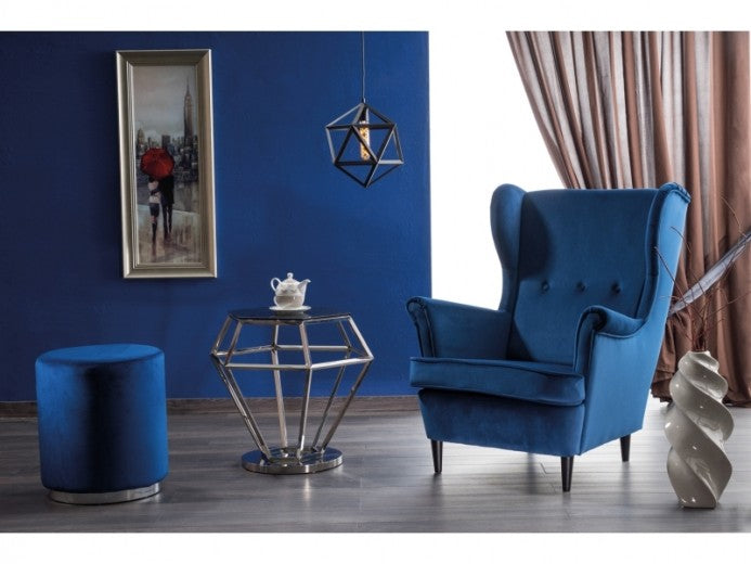 Fauteuil fixe tapissé de tissu, avec pieds en bois Lord Velvet, Bleu marine, l72xA85xH101 cm
