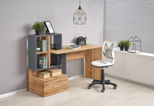 Table de bureau en bois, avec bibliothèque et tiroir Chêne Grosso / Anthracite, L149xl50xH105 cm
