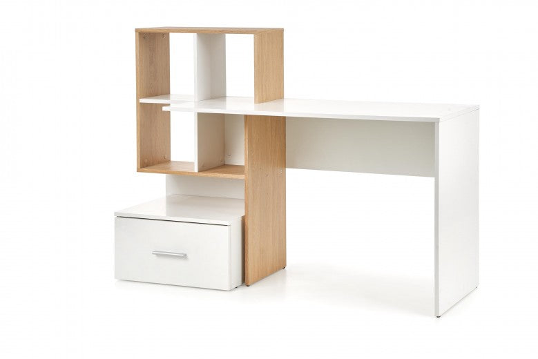 Table de bureau en bois, avec bibliothèque et tiroir Chêne Grosso / Blanc, L149xl50xH105 cm
