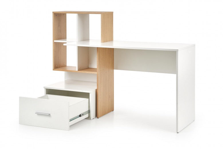 Table de bureau en bois, avec bibliothèque et tiroir Chêne Grosso / Blanc, L149xl50xH105 cm