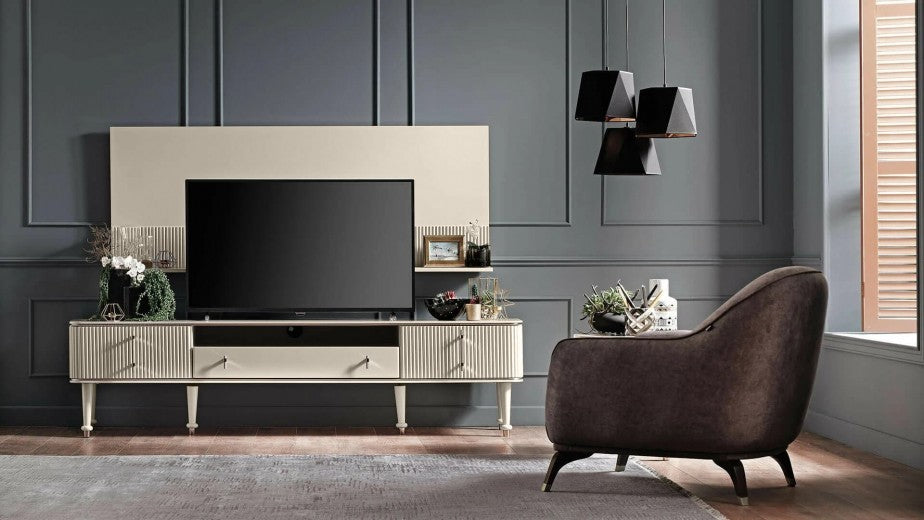 Panneau TV suspendu en MDF et aggloméré Olivia Crem, l220xA27xH70 cm