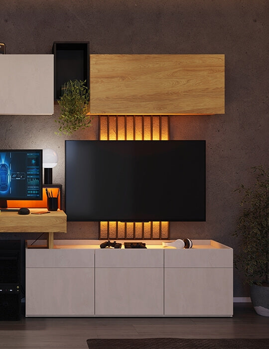 Panneau TV suspendu en bois avec LED incluse, pour enfants et jeunes, Teen Flex TF14, Noir, L57xW3xH30 cm