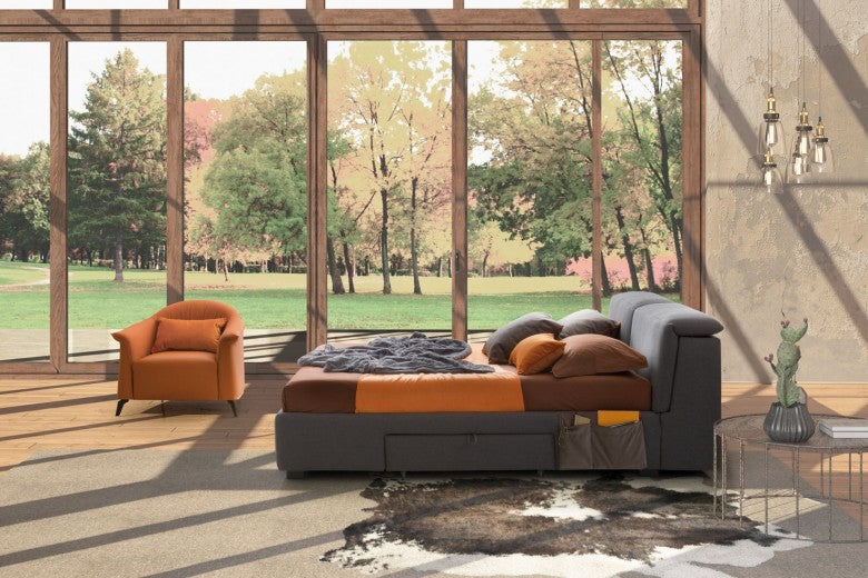 Lit avec matelas fixe et 2 tiroirs, recouvert de tissu, Apollo Gris, 200 x 180 cm