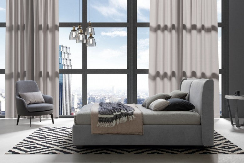 Lit avec matelas pliant et coffre de rangement, recouvert de tissu, Windsor Gris clair / Gris, 200 x 160 cm