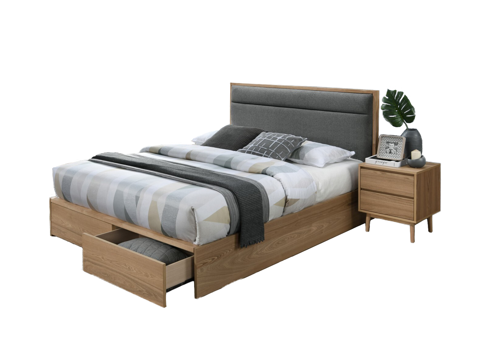 Lit en placage, recouvert de tissu et 2 tiroirs, Blossoms, Gris Foncé