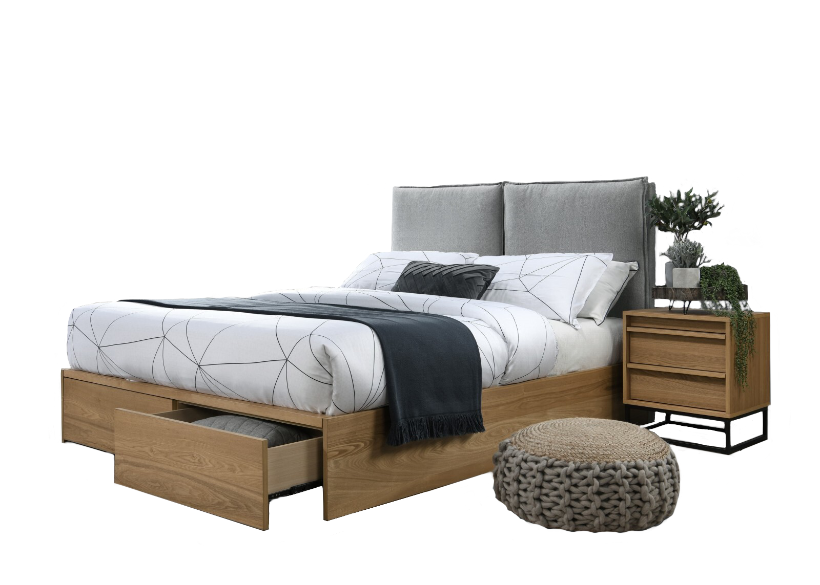 Lit en placage avec 2 tiroirs et recouvert de tissu, Harmones, Gris, 160 x 200 cm