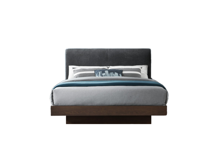 Lit en placage et recouvert de tissu, Kenzou, Gris Foncé