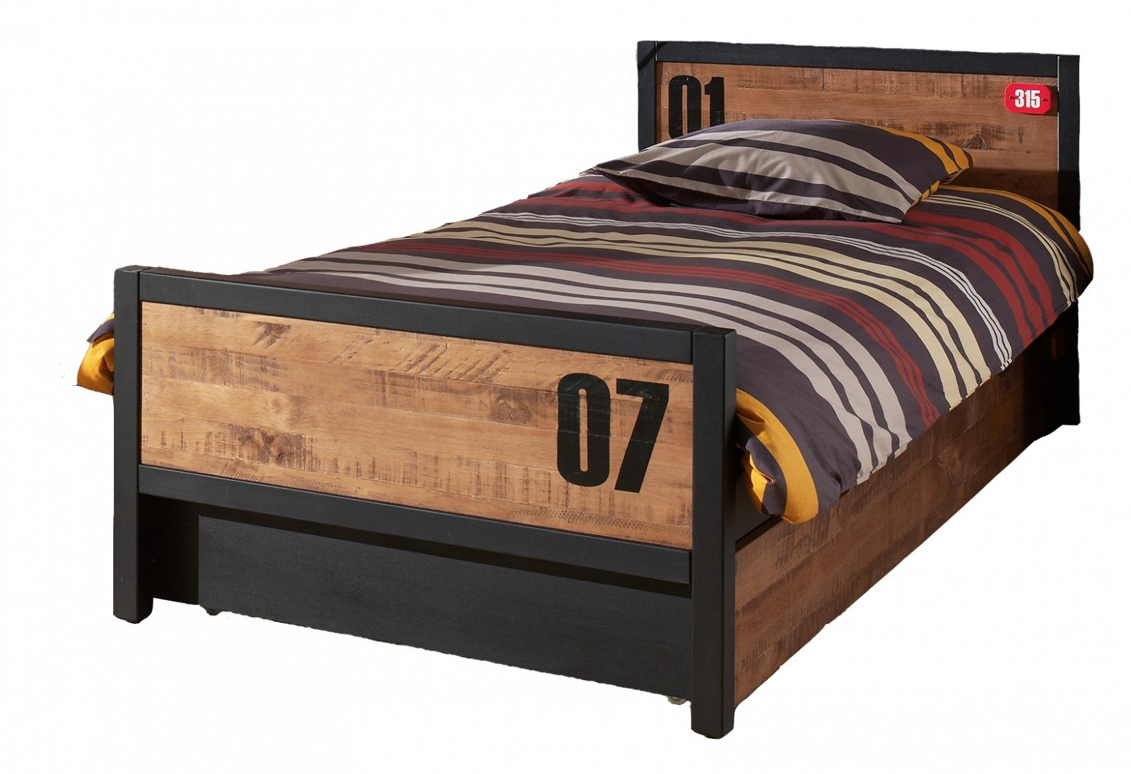 Pine Wood et lit MDF avec tiroir, pour les enfants Alex Natural / Black, 200 x 90 cm