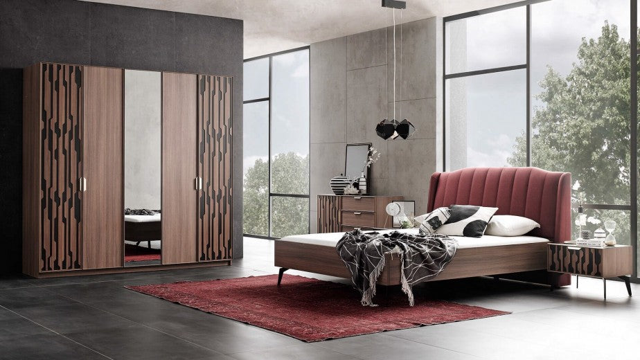 Lit en bois et rembourré avec Louisa Bordeaux / Noyer-200 x 180 cm