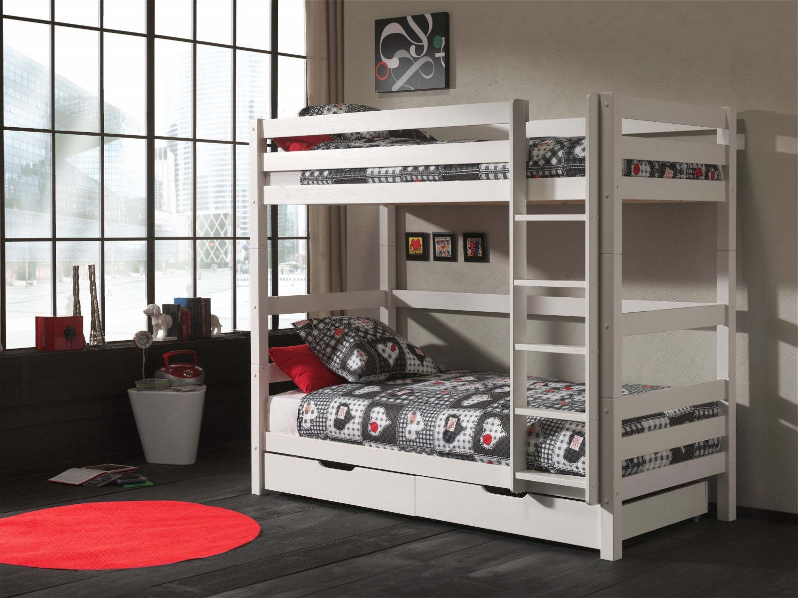 Lit superposé en bois de pin avec 2 tiroirs, pour enfants pino blanc, 200 x 90 cm