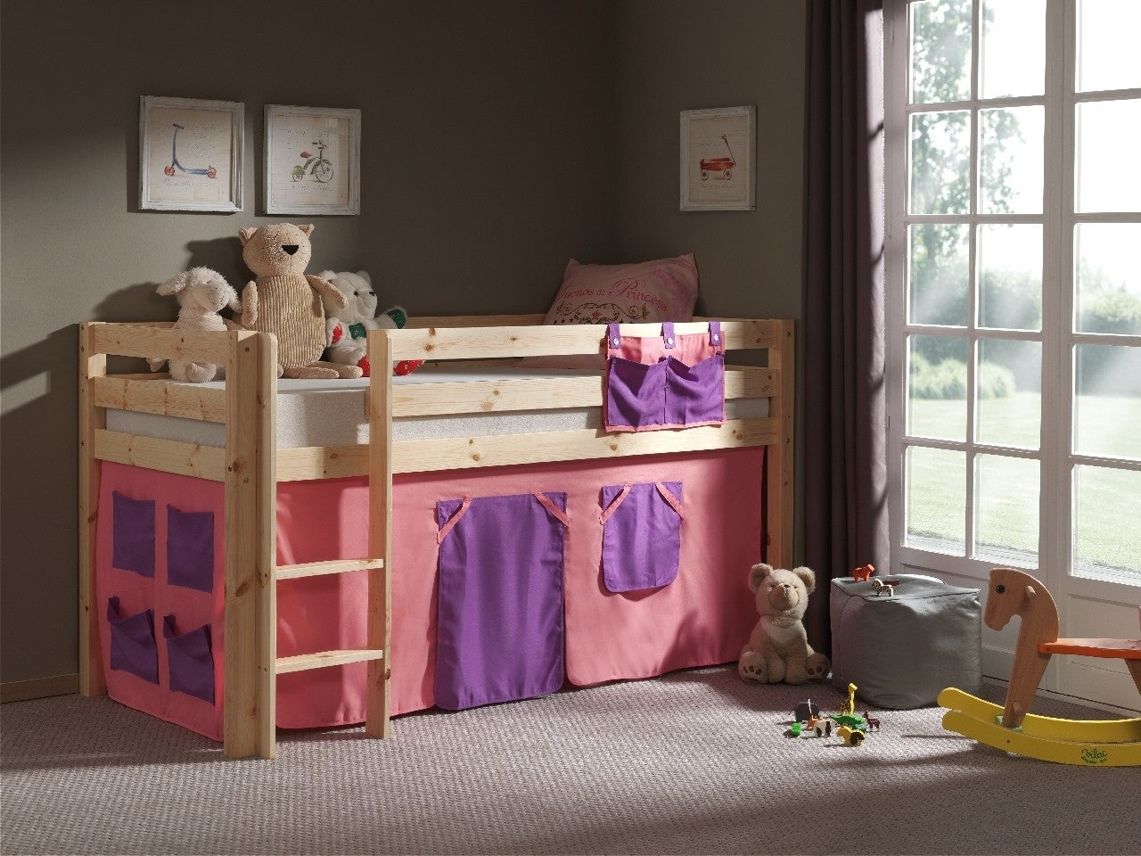 Pin de plancher en bois, avec espace de jeu Pino Bella Pink Natural Children, 200 x 90 cm